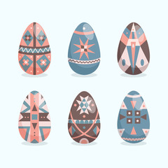 Easter eggs flat style collection. Spring holiday. Happy Easter. Set of Easter eggs with different ornament on a white background.