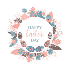 Easter round frame with floral elements and decorated eggs. Happy Easter design template with eggs and flowers.