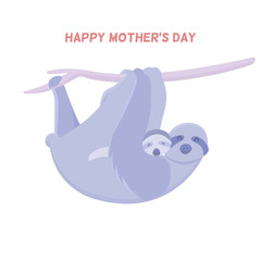 Happy Mother's Day. Sloth with baby on belly. Cute Mother sloth with offspring hanging on tree.