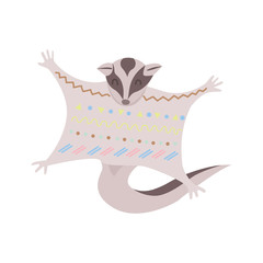 Stylized sugar glider isolated on white background. Tribal flat sugar glider flying. Australian animal.