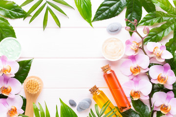 Beauty and fashion concept with spa set on pastel rustic wooden background.