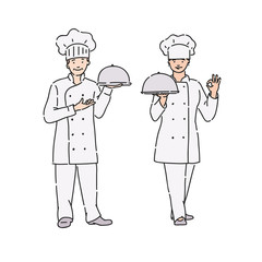 Chef woman and man in professional uniform with dish in hand. Vector illustration in line art style on white background.