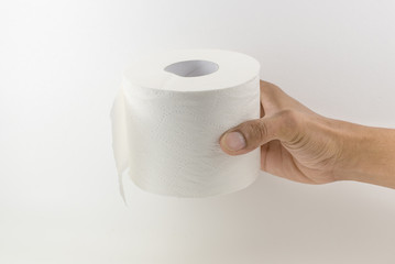 Hand with tissue paper on white background