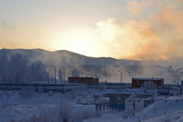 Winter evening landscape on the Yenisei River