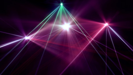 D rendered blue and shiny multiple spotlights on a theatre stage lighting rig laser lights in party