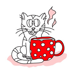 Cute cat with a cup of tea. Kitten and coffee, pet cartoon character.