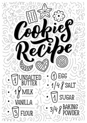 Lettering with cookies recipe. Delicious poster. Concept design. Vector illustration. Funny christmas text. Bakery card.