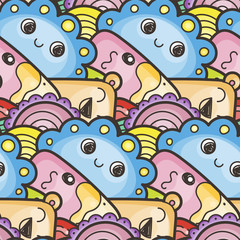 Seamless vector pattern with cute cartoon monsters and beasts. Nice for packaging, wrapping paper, coloring pages, wallpaper, fabric, fashion, home decor, prints etc