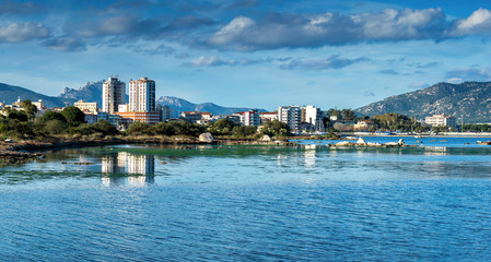 Fototapeta premium Cityscape of Olbia with Mediterranean Sea, Sardinia, Italy 