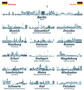 Germany state capitals cities skylines in light blue color palette vector illustrations