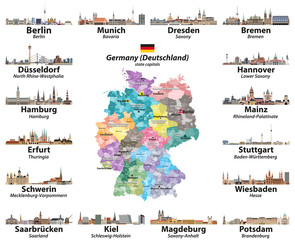 Germany map with state capitals cities skylines vector set. All layers are labelled and well organized