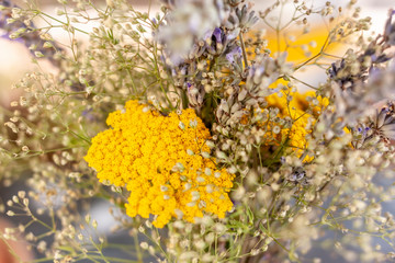 closeup bouquet of spring wildflowers from field