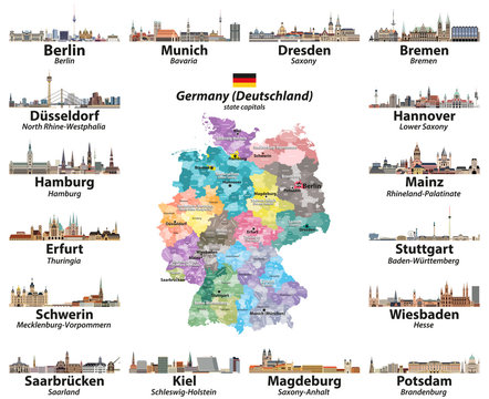 Germany map with state capitals cities skylines vector set. All layers are labelled and well organized