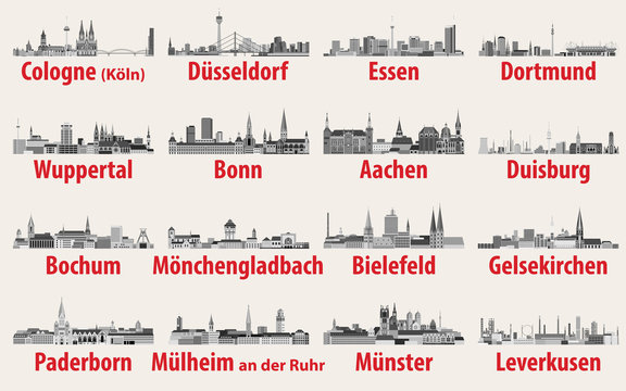 Germany state North Rhine-Westphalia largest cities skylines in black and white color palette. Vector illustrations