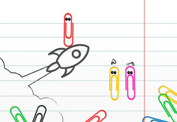 Happy paperclip standing on rocket ship. Start or boost up business concept.