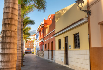 Fototapeta na wymiar Tenerife. Colourful houses and palm trees on street in Puerto de la Cruz town, Tenerife, Canary Islands, Spain.