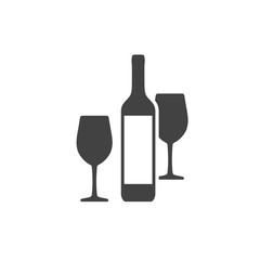 Icon of wine bottle with label and two wineglasses isolated on white background