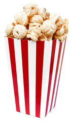 Isolated popcorn in square striped bucket on white background