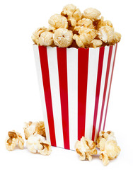 Isolated popcorn in square striped bucket on white background