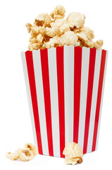 Isolated popcorn in square striped bucket on white background