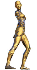 Golden Used Metallic Android Female Futuristic Artificial Intelligence 3D Illustration