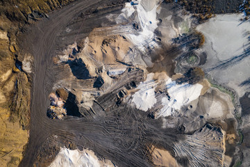 Aerial view of degraded landscape. Destroyed land. View from above. Industrial place. Photo captured with drone.