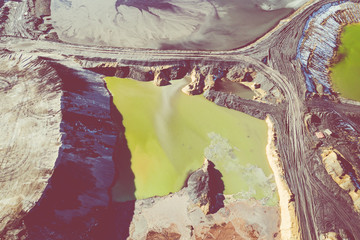 Aerial view of degraded landscape. Destroyed land. View from above. Industrial place. Photo captured with drone.