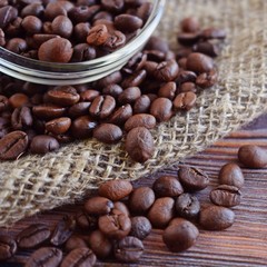 Coffee beans on the burlap.Flavored drink.