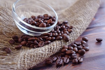 Coffee beans on the burlap.Flavored drink.
