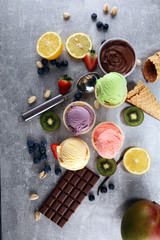 Fototapeta na wymiar Set of ice cream scoops of different colors and flavours