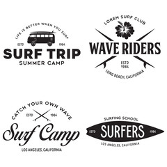 Fototapeta premium Vintage Surfing Emblems for web design or print. Surfer logo templates. Surf Badges. Summer fun. Surfboard elements. Outdoors activity - boarding on waves.
