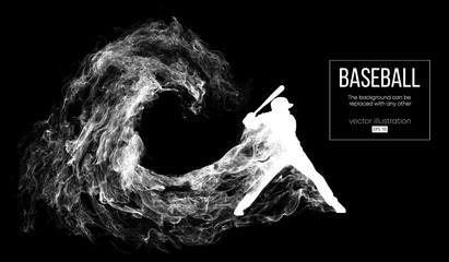 Abstract silhouette of a baseball player batter on dart black background from particles, dust, smoke. Baseball player batter hits the ball . Background can be changed to any other. Vector illustration - obrazy, fototapety, plakaty