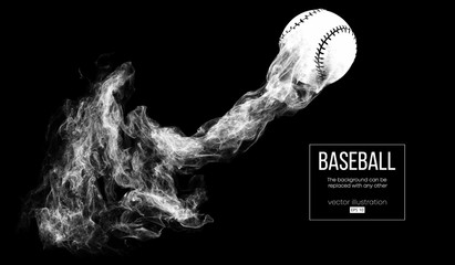 Abstract silhouette of a baseball ball on dart black background from particles, dust, smoke. Baseball ball flies . Background can be changed to any other. Vector illustration