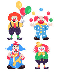 Funny different colorful clowns characters collections. Vector flat cartoon character isolated illustration set