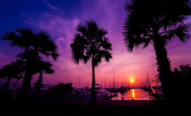 Obraz premium Beautiful sunset sky in the marina bay. View of harbor with yachts and motorboats. Sunset at the ocean.