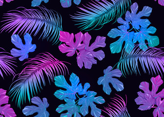 Fototapeta na wymiar Tropic leaves seamless pattern in neon colors