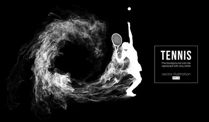 Abstract silhouette of a tennis player woman female girl isolated on dark black background from particles dust. Tennis player hits the ball. Background can be changed to any other. Vector illustration