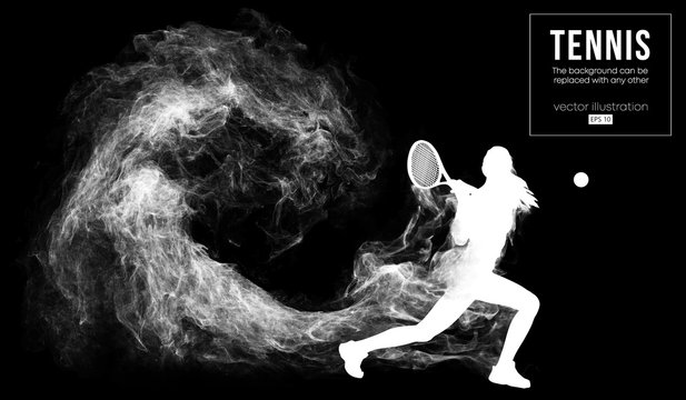 Abstract silhouette of a tennis player woman female girl isolated on dark black background from particles dust. Tennis player hits the ball. Background can be changed to any other. Vector illustration