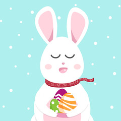 Cute rabbit greeting card, Happy Easter and Christmas in winter, bunny cartoon background seasonal holiday vector illustration