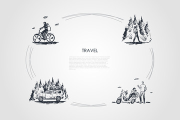Travel - riding bicycle, hiking in forest, going by bike and car on nature vector concept set