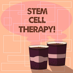 Word writing text Stem Cell Therapy. Business concept for use them to treat or prevent disease or hard condition Two To Go Cup with Beverage and Steam icon Blank Speech Bubble photo