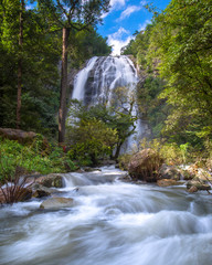 Waterfall.Water flowing over rocks coastline. 