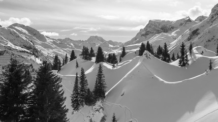 black and white beautiful Alps mountain lanscape