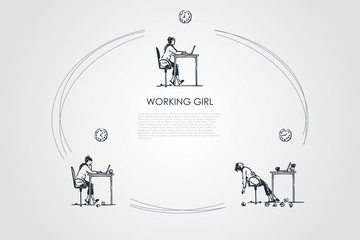 Working girl - girl sitting with laptop, working and becoming exhausted vector concept set