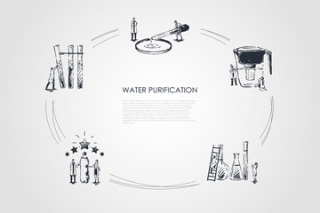 Water purification - devices for purification water pipette, flask, bottle, filter vector concept set