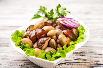 Fermented food on a white plate. Marinated mushrooms champignons with onion rings and parsley close up and copy space