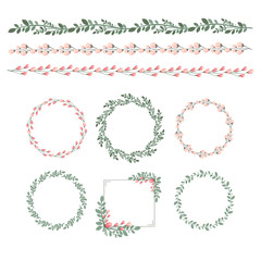 Vector set of floral borders. A set of beautiful flowers, leaves and branches for wedding invitations and birthday cards.