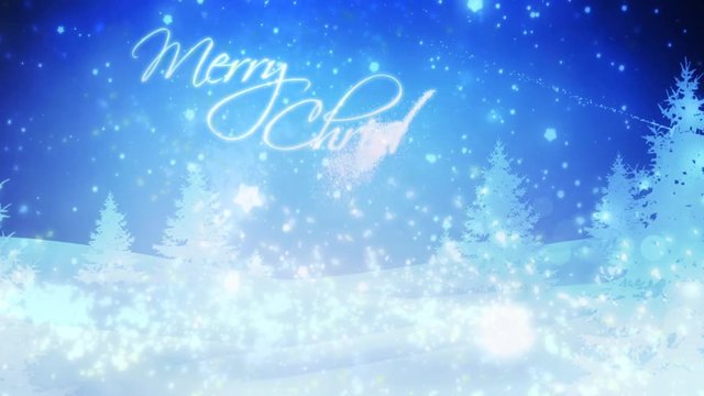 Merry Christmas Winters Day with Hand Written Particles features a beautiful blue winter scene with trees and particles and hand written animated Merry Christmas message