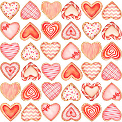 Seamless pattern with watercolor heart shaped cookies on white background