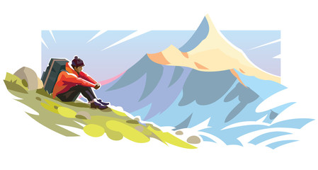 Young man is sitting on a slope mountain. Illustration on the tourism topic